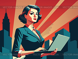 Powerful business woman with laptop, in retro poste - vector clipart