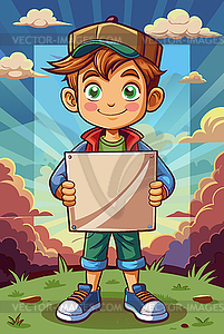 Cute little boy holding blank placard or poster. - vector clipart