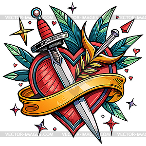 Red heart with dagger and ribbon, in style of - stock vector clipart