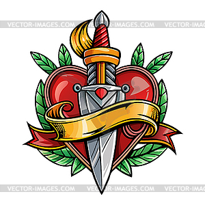 Red heart with dagger and ribbon, in style of - vector clipart