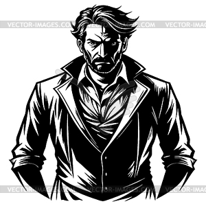 Dramatic black and white serious man with intense - vector clip art