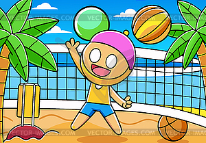Beach volleyball scene in cartoon colors with kid - vector clip art