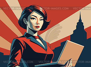 Powerful asian business woman with laptop, in - stock vector clipart