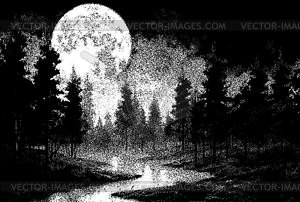 Dark forest landscape with full moon in retro - stock vector clipart