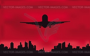 Plane against night city - vector clip art