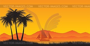 Three palm trees against ocean and yacht - vector image