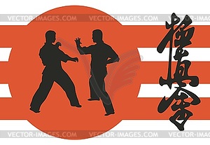 Two men are engaged in karate on red background - stock vector clipart