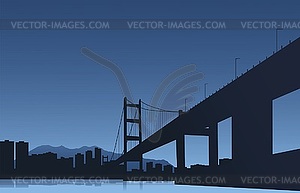 Big city and bridge on blue background - vector image