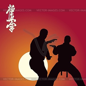 Two men are engaged in karate against sun - vector image