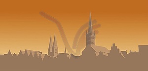 Contour of old city on an orange background - color vector clipart