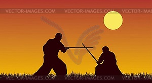 Двое мужчин заняты айкидо против желтой неба - векторное изображение EPS