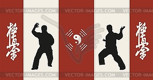 , two men are engaged in karate on red background - vector image