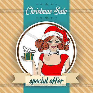 Christmas sale design with sexy Santa girl - vector clipart