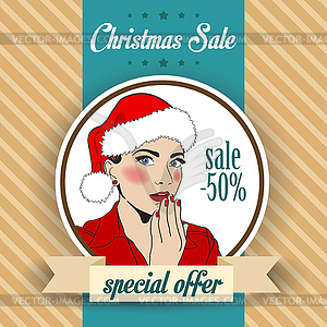 Christmas sale design with sexy Santa girl - vector clipart