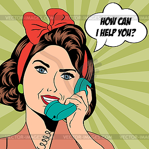 Woman chatting on phone, pop art - vector clipart