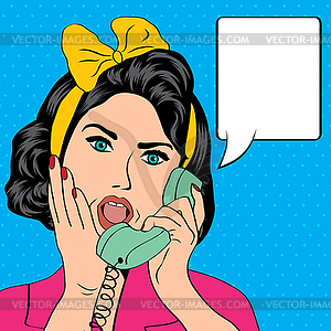 Woman chatting on phone, pop art - color vector clipart