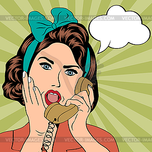 Woman chatting on phone, pop art - vector image