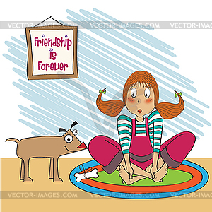 Young girl receives bone gift of her puppy - stock vector clipart