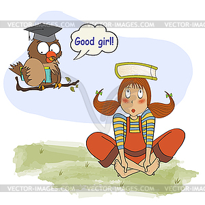 Young girl studying with her ​​teacher, an owl - vector clip art