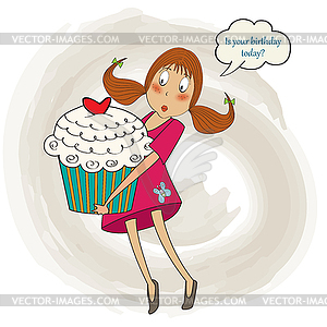 Young pretty girl who carries big cake, birthday - vector image