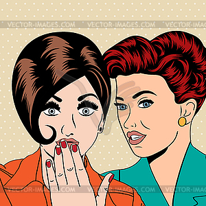 Two young girlfriends talking, comic art - vector clipart