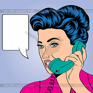 Woman chatting on phone, pop art - vector clip art