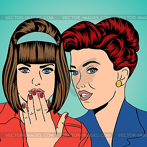 Two young girlfriends talking, comic art - vector image