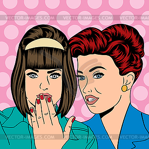 Two young girlfriends talking, comic art - vector image