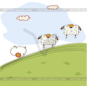 Two cheerful sheep jumping on grass - vector clip art