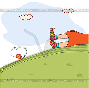 Bored girl legs lying on grass - vector clipart