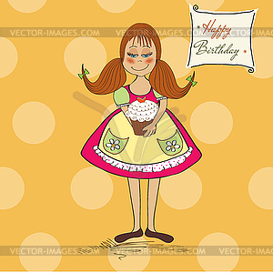 Funny girl with birthday cake - vector clipart