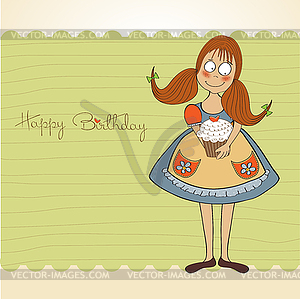 Funny girl with birthday cake - vector image