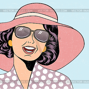 Popart retro woman with sun hat in comics style, - vector image