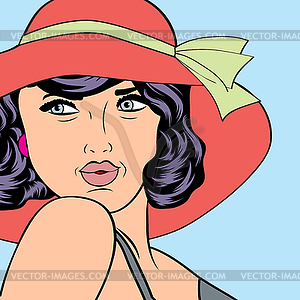 Popart retro woman with sun hat in comics style, - royalty-free vector image