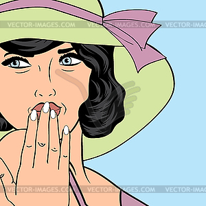 Popart retro woman with sun hat in comics style, - vector clipart