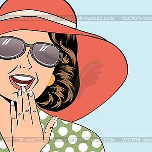 Popart retro woman with sun hat in comics style, - vector image