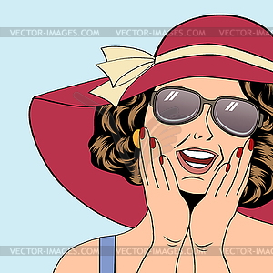 POPART ретро женщина с шляпа солнца в Комиксы стиль, - изображение в векторе