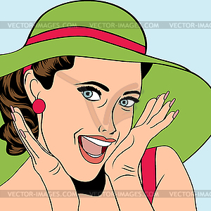 Popart retro woman with sun hat in comics style, - vector clipart