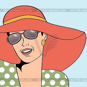 Popart retro woman with sun hat in comics style, - vector image