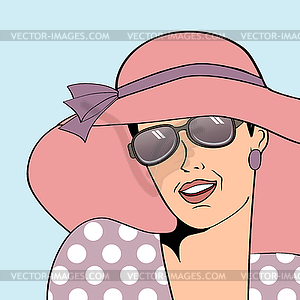 Popart retro woman with sun hat in comics style, - vector image