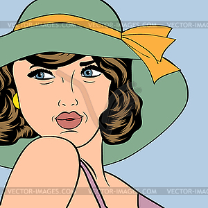 Popart retro woman with sun hat in comics style, - vector image