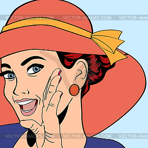 Popart retro woman with sun hat in comics style, - vector EPS clipart