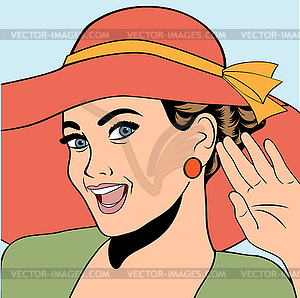 POPART ретро женщина с шляпа солнца в Комиксы стиль, - векторный клипарт