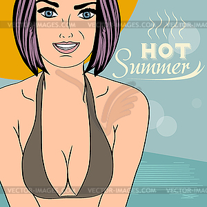 Hot pop art girl on beach - vector image