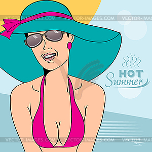 Hot pop art girl on beach - vector clip art