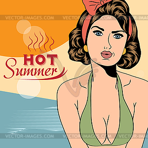 Hot pop art girl on beach - vector clip art