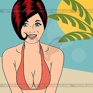 Hot pop art girl on beach - vector image