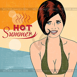 Hot pop art girl on beach - vector image