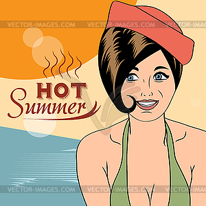 Hot pop art girl on beach - vector image