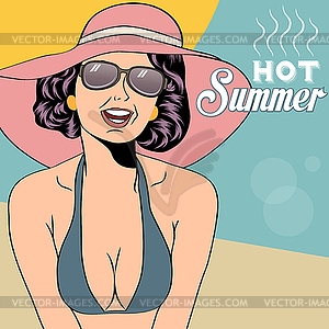 Hot pop art girl on beach - vector clipart